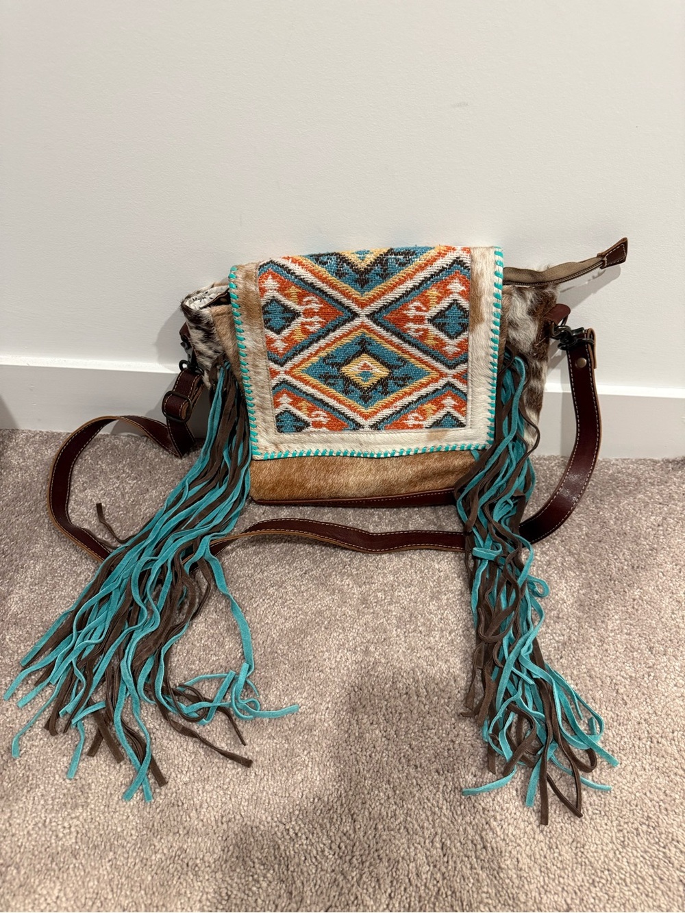Myra Bag Turquoise & Brown Embroidered Fringe Crossbody